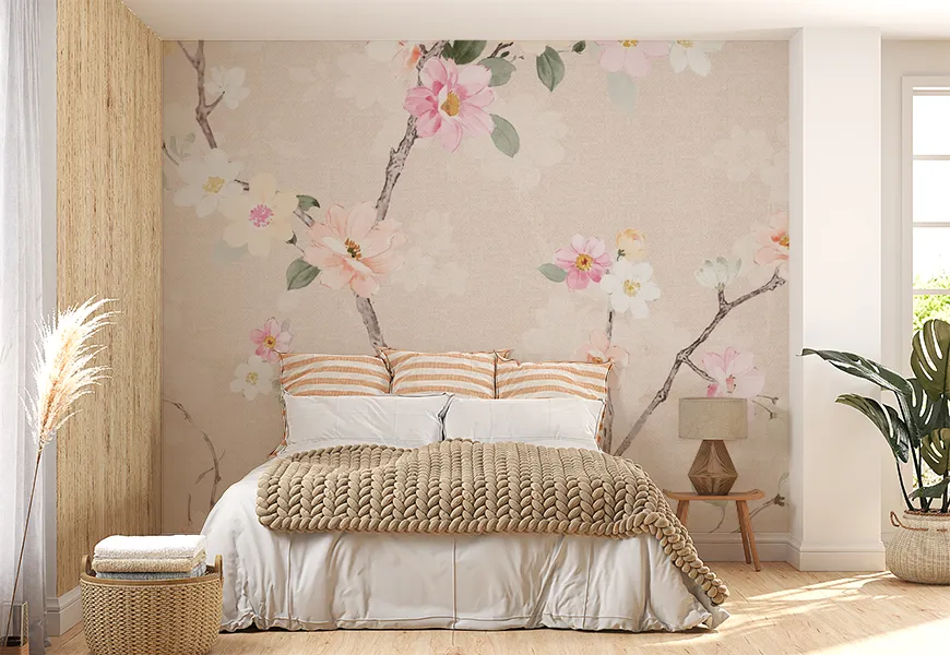 کاغذ دیواری اتاق خواب عروس و داماد طرح شکوفه های رنگی